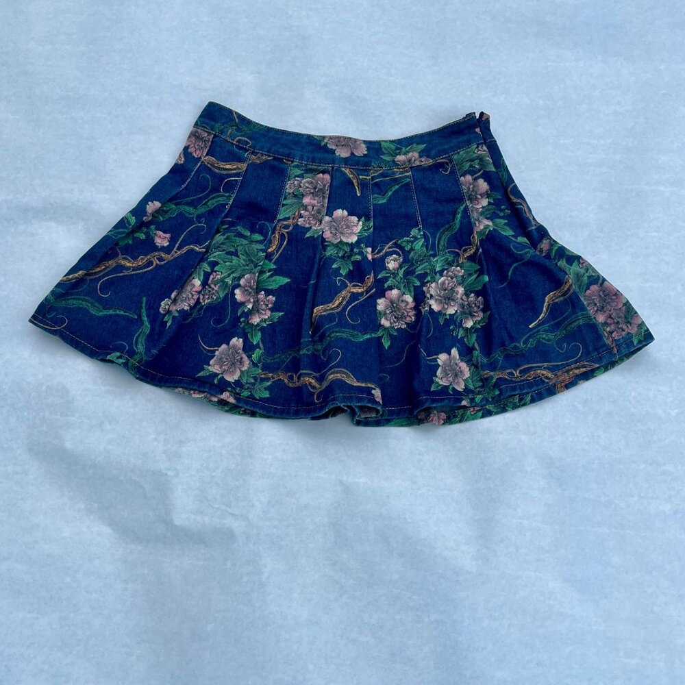 Floral Denim Pleated Skater Skirt For Women L Size - Cotton Blend